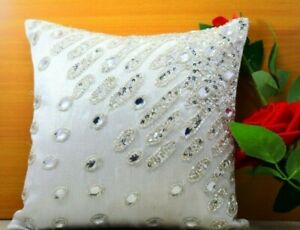 White Silver Crystal Beaded Throw Pillow Cover Luxury Contemporary Modern Gift