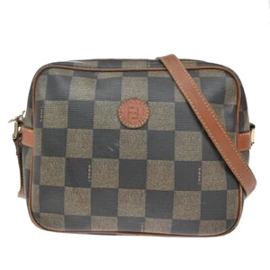 FENDI Logo Pequin Crossbody Shoulder Bag PVC Leather Brown GHW Italy 04YH428 - Picture 1 of 15