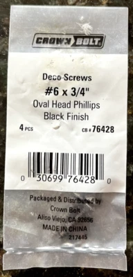Lote de 7 tornillos decorativos Phillips cabeza ovalada #6x3/4" acabado negro 4 por paquete Foto 1 de 3