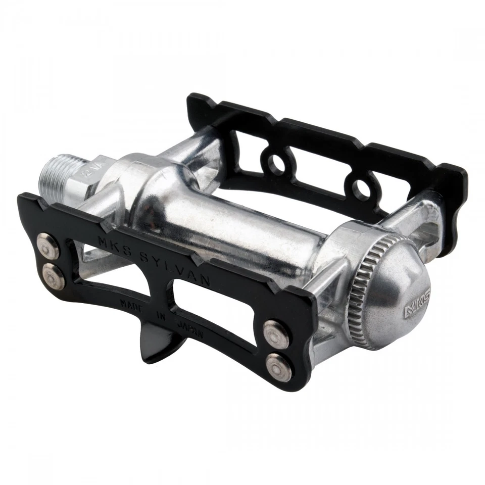 Pedales de plataforma MKS Sylvan Track Cage 9/16" eje cromado cuerpo de aleación negro/plateado Foto 1 de 1
