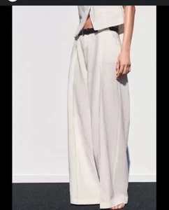 Zara High Waist Tapered Darted Front Trousers Pants Ivory Women Size XS Wide Leg - Picture 1 of 23