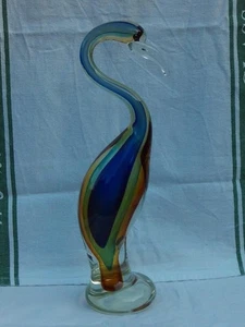 TALL VENETIAN ITALIAN SOMMERSO BLUE GREEN AMBER AND CLEAR GLASS STORK . M3740 - Picture 1 of 17