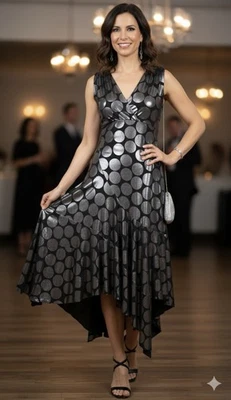 Vtg Joseph Ribkoff Tiered Black Metallic Polka Dot NYE Holiday Party Dress 8 - Image 1 of 4