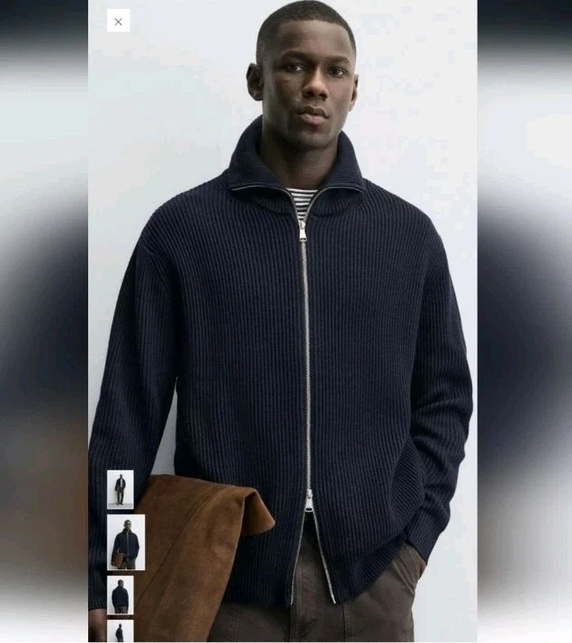 Cárdigan Suéter de Lana Zara Origins Azul Marino Oscuro Cuello Cremallera Talla XL Foto 1 de 4