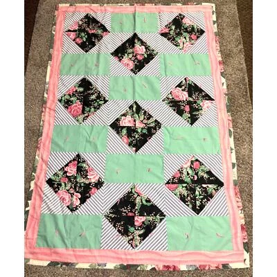Handmade Lap Quilt/Throw Quilt Vintage 1980s/90s Patchwork Stripe and Floral - Image 1 of 4