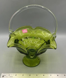 Vtg Viking Green Footed Basket w/Clear Applied Manganese Glass Handle UV Glow - Picture 1 of 10