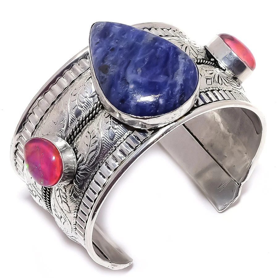 Браслет-манжета из серебра 925 пробы ручной работы с содалитом и опалом регулируемый R-813 - Изображение 1 из 1