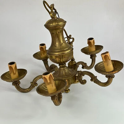 Vintage French 5 Arm Art Nouveau Heavy 4.5kg Brass Ceiling Light Chandelier - Image 1 of 4