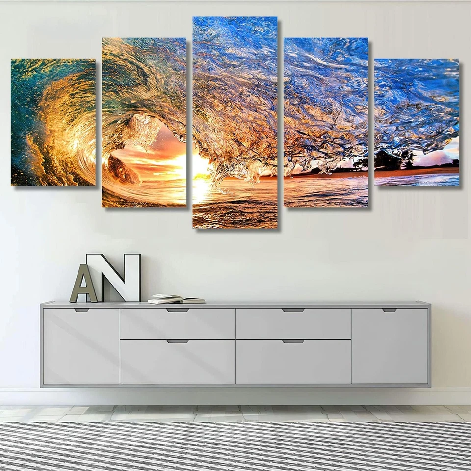Arte de pared con impresión en lienzo de 5 piezas paisaje marino puesta de sol ola de mar océano decoración del hogar Foto 1 de 4