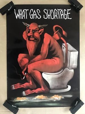 Vintage Original 1977 What Gas Shortage 70s Devil Smoking Toilet Poster Bathroom - Image 1 of 4