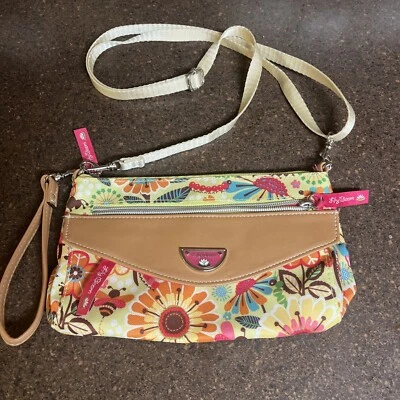 Lily Bloom Crossbody Shoulder Handbag Pink Lime Green Floral  Zip Pockets - Image 1 of 4
