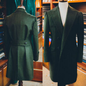 Green Men's Overcoat Wool Blend Double Breasted Long Coat Casual Wear Jacket