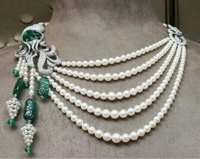 Pearl Necklace For Women 925 Sterling Silver White and Green Carved CZ Jewelry Foto 1 de 4