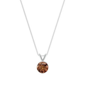 1 Ct Round Cut Brown Solid 14K White Gold Solitaire Bezel Pendant 18" Necklace - Picture 1 of 2