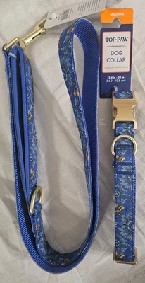 Top Paw Blue Sketch Floral Dog Collar (M) And Matching Leash 4ft - Image 1 of 4