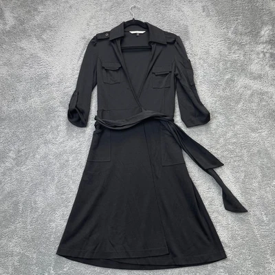 Diane Von Furstenberg Dress Womens 8 Black Wrap Wool Roll Tab Sleeve Tie Waist - Image 1 of 4