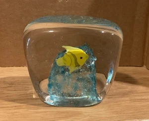 Solid Glass Paperweight w/Yellow Fish & Reef Scene Inside 3x2” EUC - Picture 1 of 1