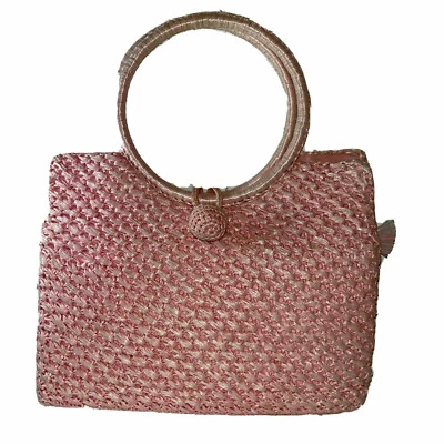 De colección Años 50 60 ROSA Tejido Cartera Paja Bolso de Mano Bolso Rafia Cáscara de Maíz Barbie Pascua Foto 1 de 4