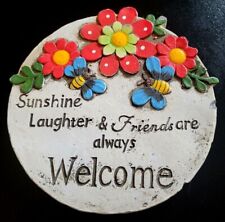 GREENBRIER Round Floral/Bee 6" Ceramic Friends WELCOME Plaque; Garden Stone; NWT