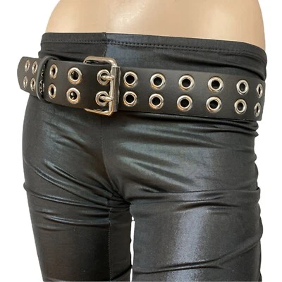 Black Leather Silver Grommet Eyelet Belt Goth Punk Emo Metal Alternative Grunge - Image 1 of 4