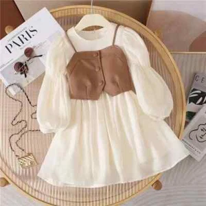 Chiffon Princess Dress PU Leather Vest 2Pcs Girls Dress 2-12 Years Kids Clothes - Picture 1 of 20