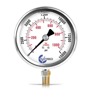 4" Pressure Gauge, Stainless Steel Case, Liquid Filled, Lower Mnt 15000 PSI - Picture 1 of 6