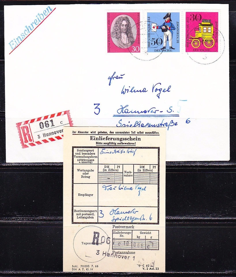 Alemanha 1966 capa breve registrada com etiqueta para história postal de Hannover - Imagem 1 de 1