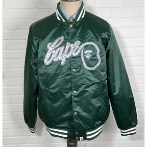 A Bathing Ape Varsity Jacket Men XL Green White Stitched BAPE NIGO Bomber Satin - Picture 1 of 11