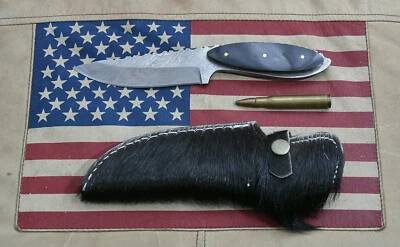 Cuchillo Bowie Damasco Personalizado Piel Negra en Funda Campamento de Caza 5384  Foto 1 de 4