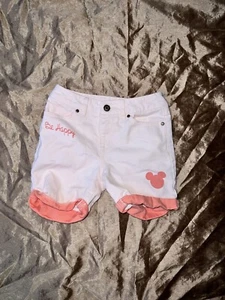 Disney Pink Peach "Be Happy" Mickey Mouse Junk Food Girls Jean Denim Shorts Smal - Picture 1 of 3