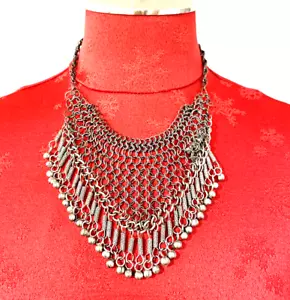 Collar Babero Vintage Cadena Maile Boho Cuentas Tono Plateado Movimiento Único Jingles - Imagen 1 de 6