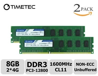 Timetec 2x4GB DDR3 1600MHz PC3-12800 Non-ECC 1.35V 2Rx8 UDIMM Desktop Memory RAM - Image 1 of 4