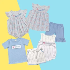 Sibling Embroidery Baby Sibling Father's Wear I Love Daddy Blue Short & Romper - Picture 1 of 5