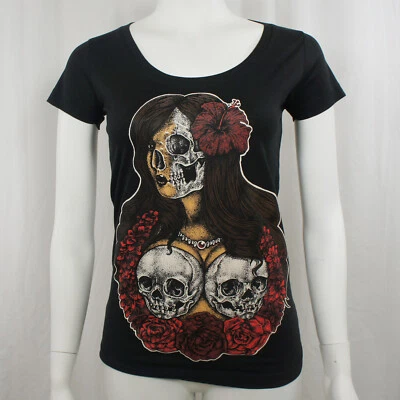 Auténtica Camiseta LUCKY 13 Flor Esqueleto Dama Niña Juniors Scoop S NUEVA Foto 1 de 4