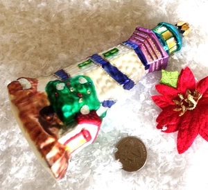Christmas Ornament GLASS LIGHTHOUSE W/ Decorated Trees OCEAN SHIPS Glitter 5.5" - Picture 1 of 4