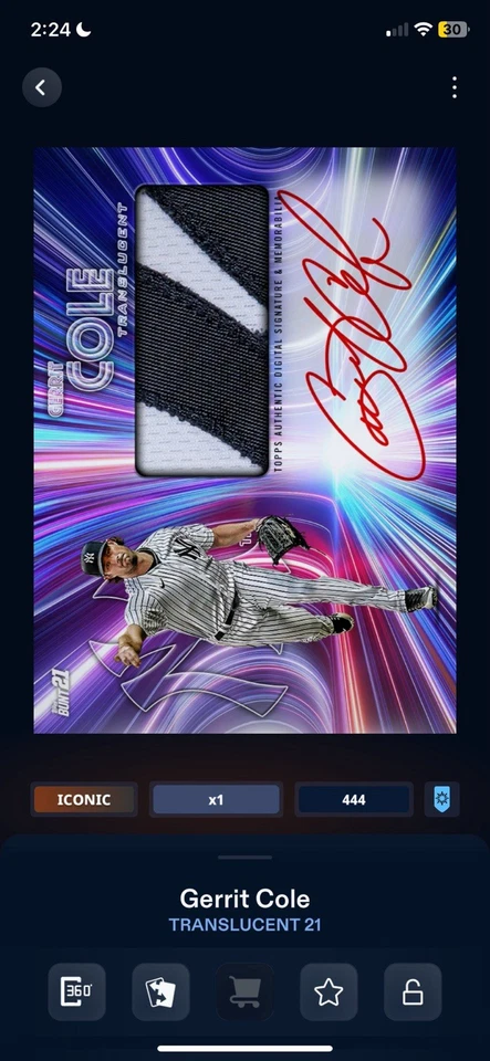 Topps Bunt Iconic **DIGITAL** Gerritt Cole 2021 Translucent Signature Relic Card - Image 1 of 1