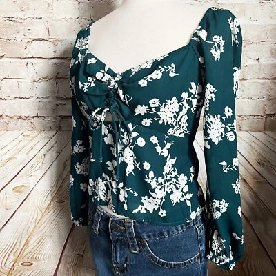 Blusa Top Abercrombie Fitch Mujer Floral Calada Campesina Talla M Verde Blanco Foto 1 de 4