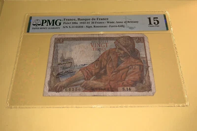 PMG France, Banque de France 20 Francs Banknote 1942-44 p100a Choice Fine 15 - Image 1 of 4