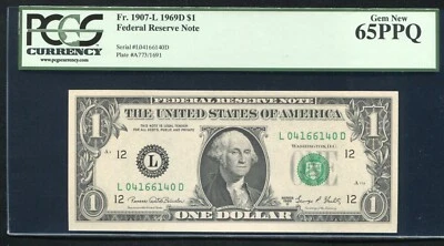 FR. 1907-L 1969-D $1 FRN “RADAR S/N L04166140D” PCGS GEM UNCIRCULATED-65PPQ - Image 1 of 2