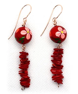PENDIENTES colgantes de cuentas pintadas a mano rojas y coral rojo hechos a mano ¡NUEVOS! - Imagen 1 de 5