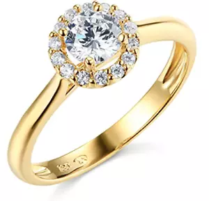 1,35 kt runder massiver echter 14 K Gelbgold Halo Kathedrale Verlobungsring Ehering - Bild 1 von 3