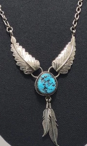 Vintage Richard Begay Turquoise Feather Necklace 24" Sterling Silver 22.2 gr - Picture 1 of 21