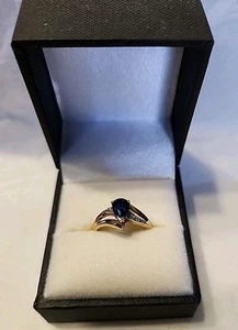Beautiful Blue Sapphire Teardrop 10k Yellow Gold Diamond Accents Size 7 - Picture 1 of 9