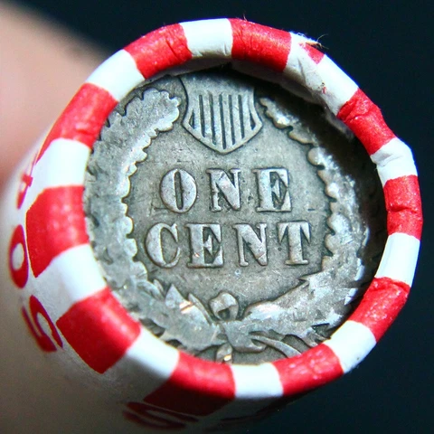 Indian Head Penny Reverse Showing On End Of 50 Coin Wheat Cent Shotgun Roll Cover