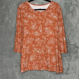Blair 2X Top Shirt Rust Orange Floral Flower 3/4 Sleeve Scoop Neck Cotton Knit - Picture 1 of 7