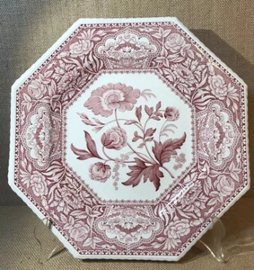 Spode Salad Plate Cranberry And White Octagon Shaped Botanical Floral England - Bild 1 von 4