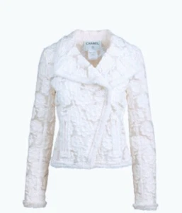CHANEL 09C Runway White Camellia Fringed Biker Jacket $5K Rare French 36 - Picture 1 of 12