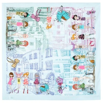 Pavlovo Posad Batiste 棉头巾 围巾 蓝色城市 儿童 猫 自行车 有趣礼物! — 第 1/3 张图片