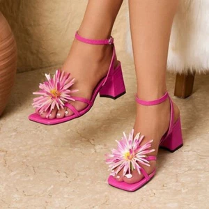 Women's Square Toe 3D Flower Coarse Heel Sandals Fashion High Heels Belt Buckle - Afbeelding 1 van 12