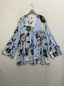 Free People Top Women’s Medium Blue Floral Boho Babydoll Flared Sleeve - Picture 1 of 7